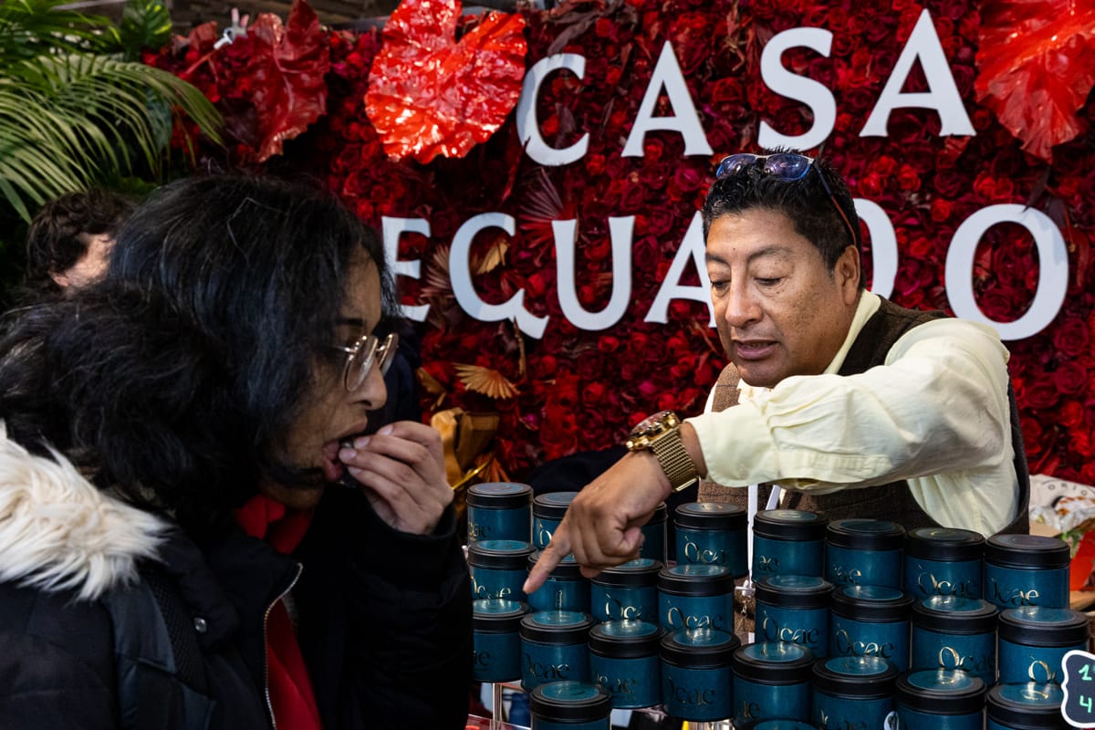 Image shows an exhibitor from Ecuador at the Salon de Chocolat, Paris.