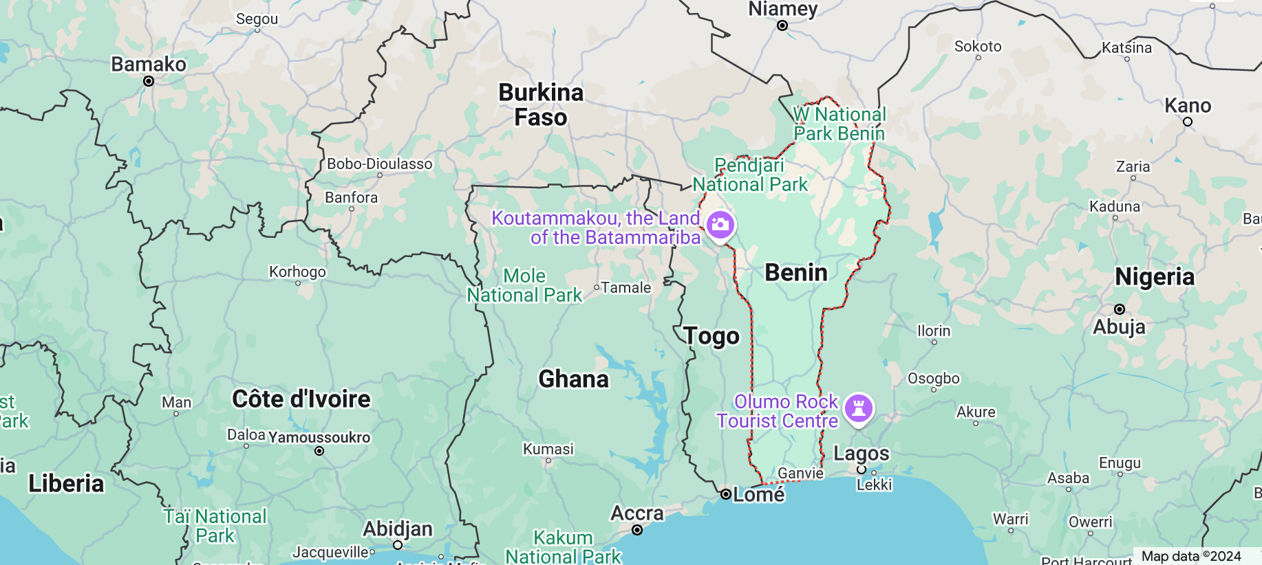 Image shows a map highlighting West African country Benin.