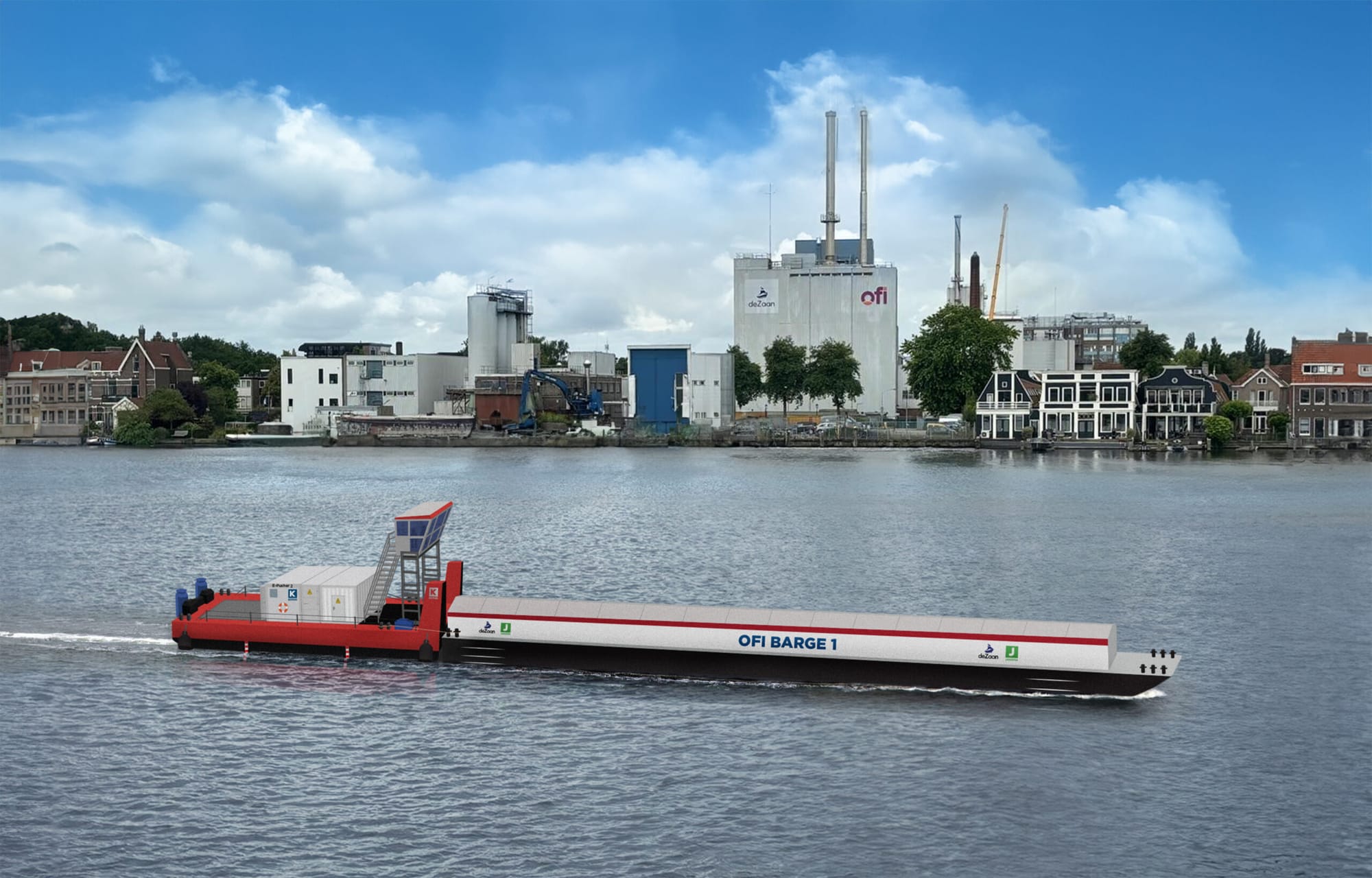 Image shows a new electric E-Pusher barge  supercharging ofi's sustainable cocoa transportation in the Netherlands. Image: KOTUG