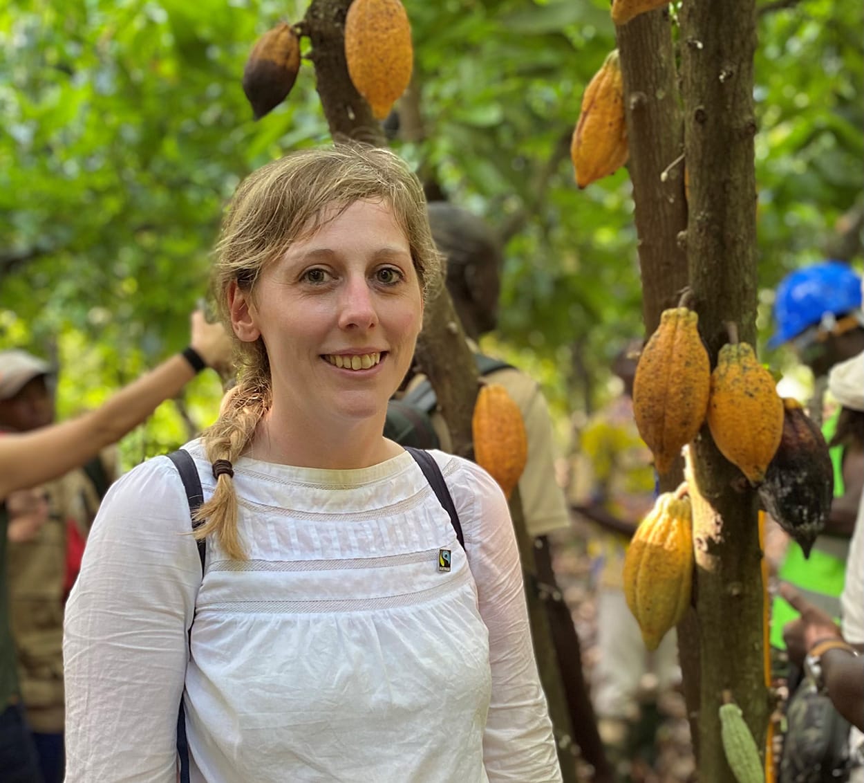 Image shows Rachel Wadham, Head of Evidence and Insights at the Fairtrade Foundation , visiting a cocoa farm.
