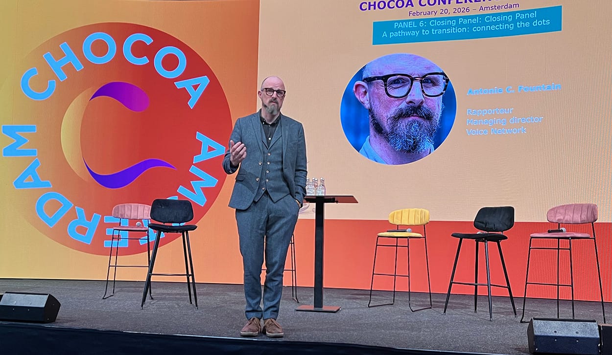 Image shows Antonie Fountain from the Voice Network speaking at Chocoa 26.