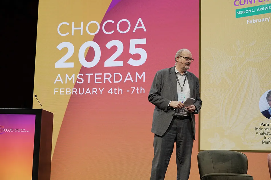 Image shows Michel Arrion from the ICCO opening the Amsterdam Sustainable Cocoa Conference..