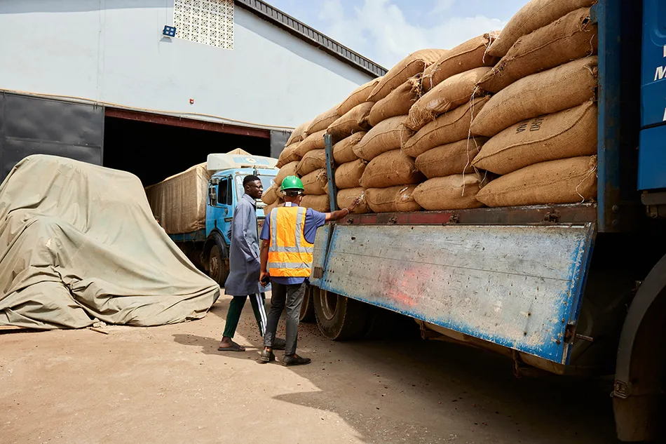 Image shows Cocoa from Nigeria is ready to leave the warehouse destined for the export market