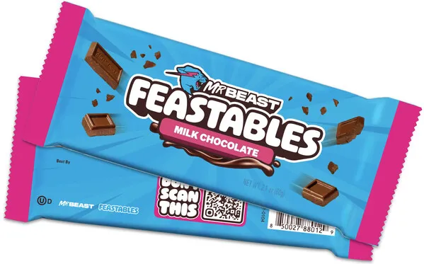 Image shows Feastables kosher packaging with OU symbol on the back