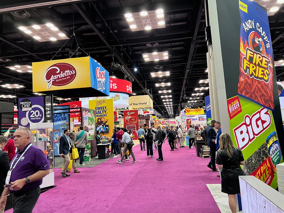 Images shows the floor of  Sweets & Snacks Expo trade show in the US