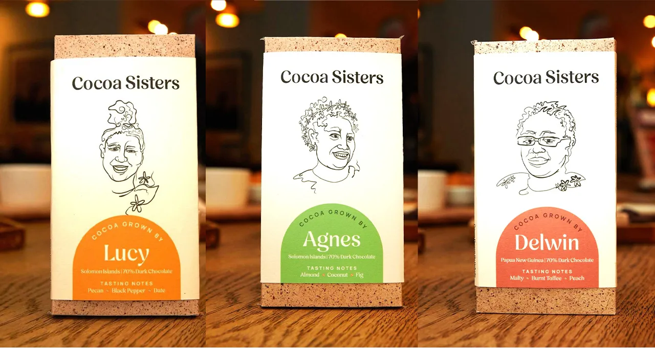 Image shows three 'cocoa sisters' chocolate brands from the Solomom Islands