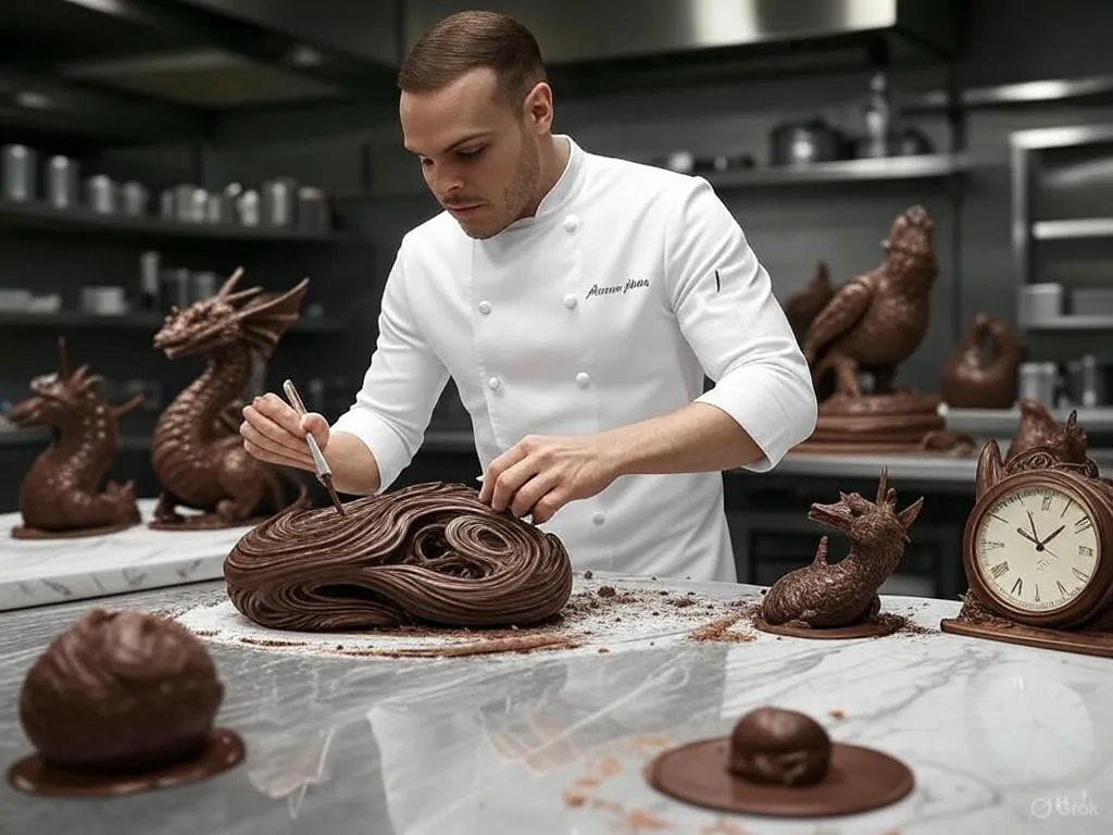Image shows. a chocolatier creating a sculpture at Salon du Chocolat