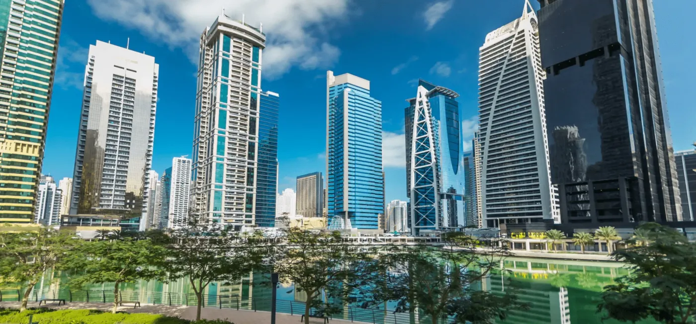 Image shows skyscraper office blocks where the DMCC is located in Dubai.