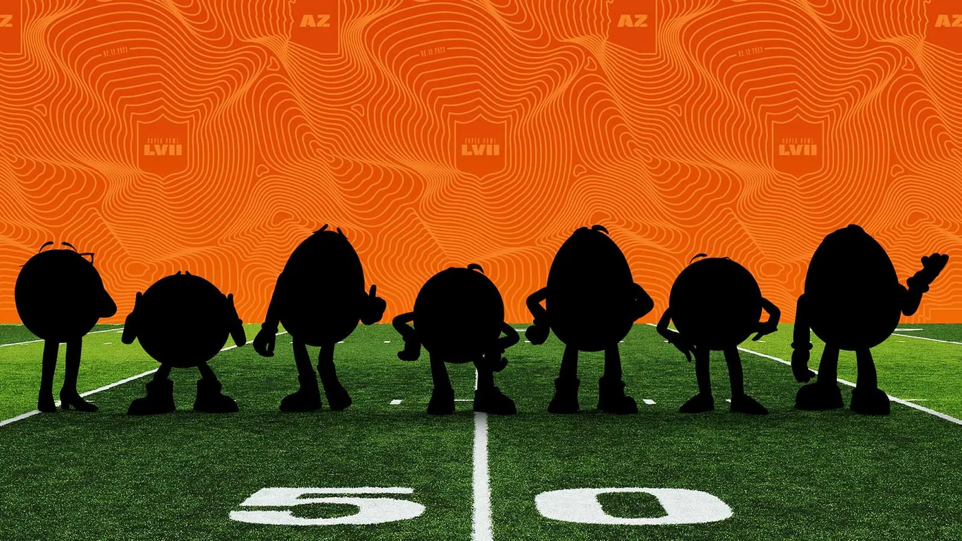 Image shows M&M’s personalities in a Super Bowl ad. 