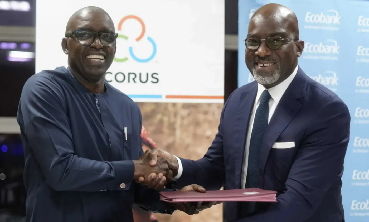  Image shows Paul-Harry Aithnard, Managing Director of Ecobank Côte d’Ivoire (R) and Mahmoud BAH, Chief Operating Officer of Corus International signing the agreement.