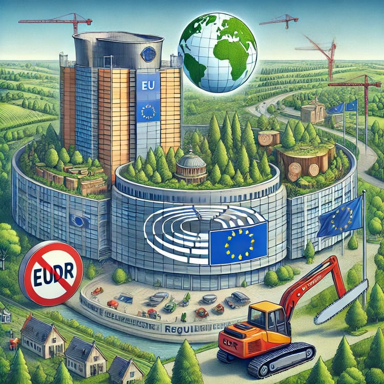 Image shows an illustration of the European Parliament in Brussels incorporating elements representing the EUDR