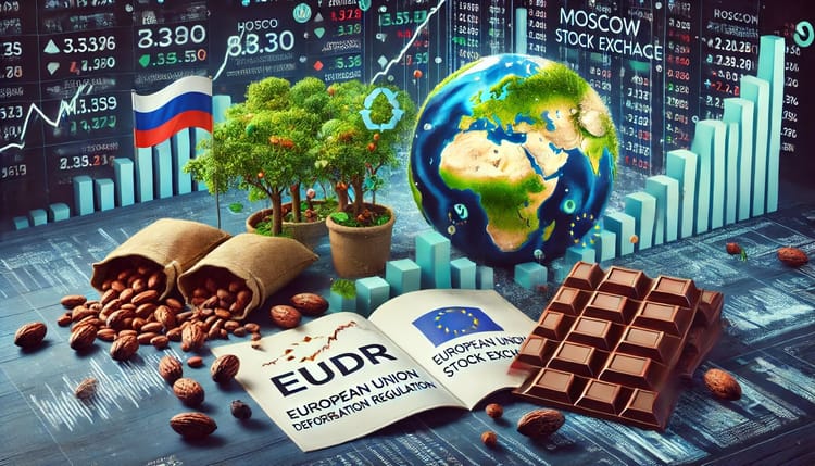 Image shows an AI-generated illustration cocoa prices, the EUDR and Russia's Stock Exchange.