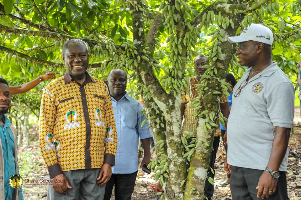 Image shows Cocobod chief executive Joseph Boahen Aidoo on a recent visit to a cocoa farm